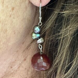 Handcrafted beaded pierced earrings with one large brown bead & grey seed pearls